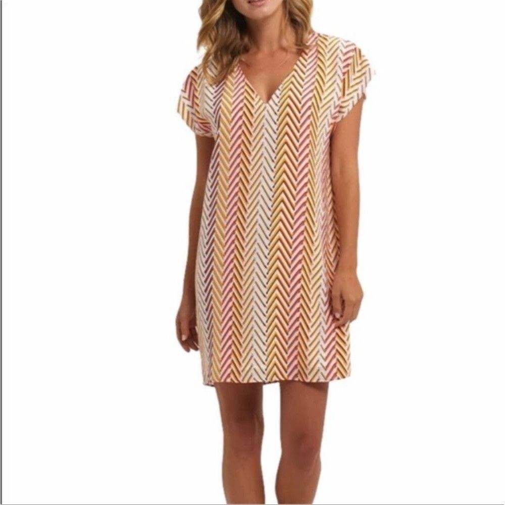 Marie Oliver Andi Silk shift dress Chevron stripe yellow orange white sz‎ M